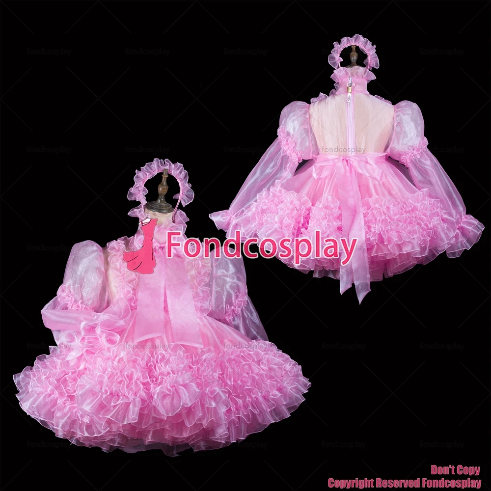 fondcosplay adult sexy cross dressing sissy maid short pink organza dress lockable Uniform cosplay costume CD/TV[G2417]