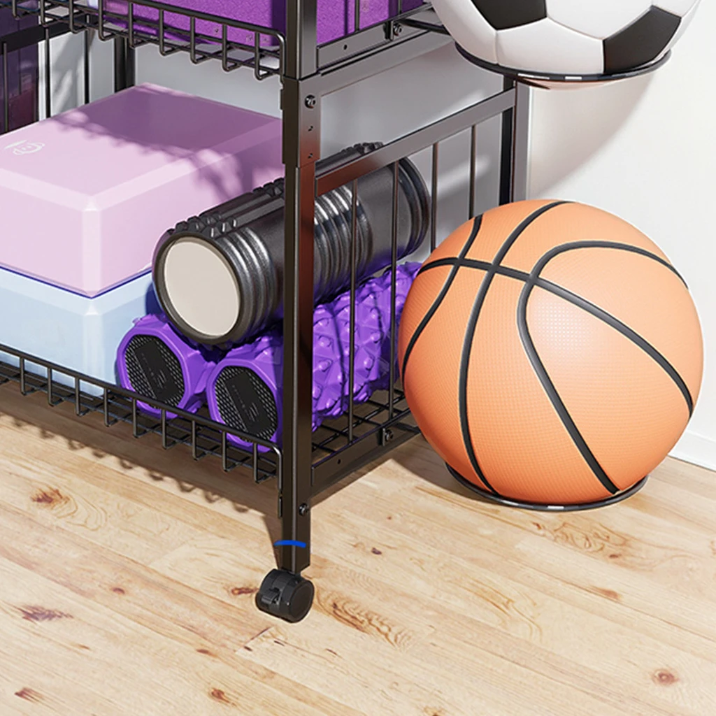 رف تخزين معدات اللياقة البدنية متعدد الطبقات قابل للإزالة لكرة السلة واليوجا وبساط الدمبل الرغوي وتصميم سلة متينة
