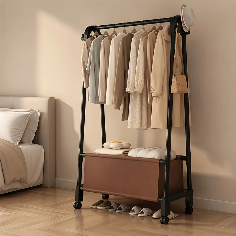Freestanding Rolling Metal Garment Rack with Large Storage Basket - Portable Bedroom Clothes Organizer with Hat Hooks Bag Bar And Fabric Bin for Coats Shirts Shoes