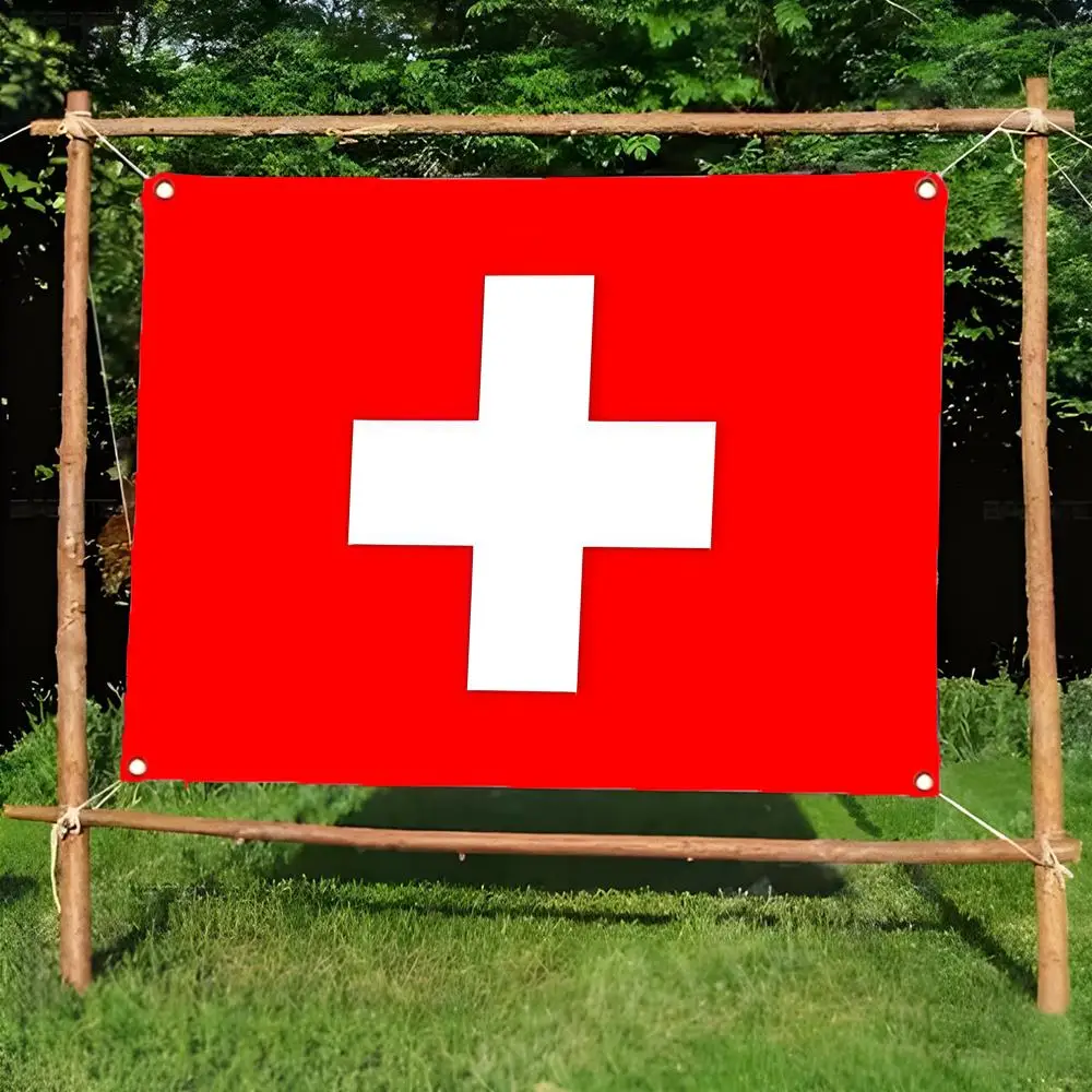 Flags Daily four ring borderless design indoor outdoor decor easy hang install Flag of Switzerland