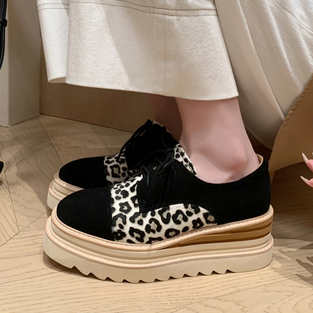 Women\'s natural suede leather horsehair patchwork thick sole platform flats lace-up oxfords square toe high quality casual shoes