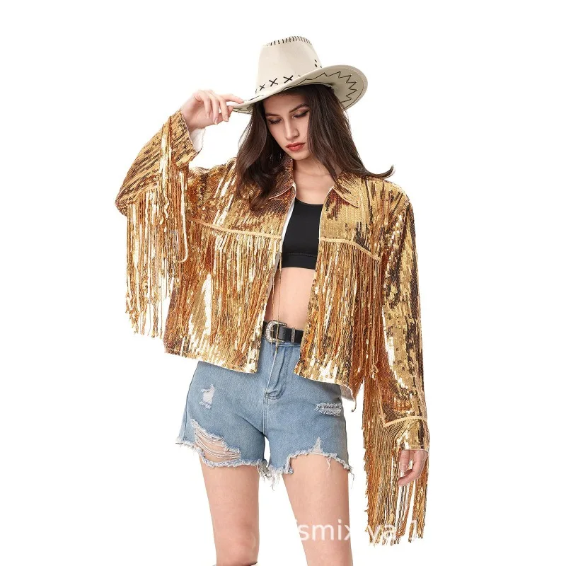 Tassel Sequin Jacket Women 2026 Spliced Retro Long-sleeved Coat Carnival Top Annual Meeting Performance Clothes Party Cardigan