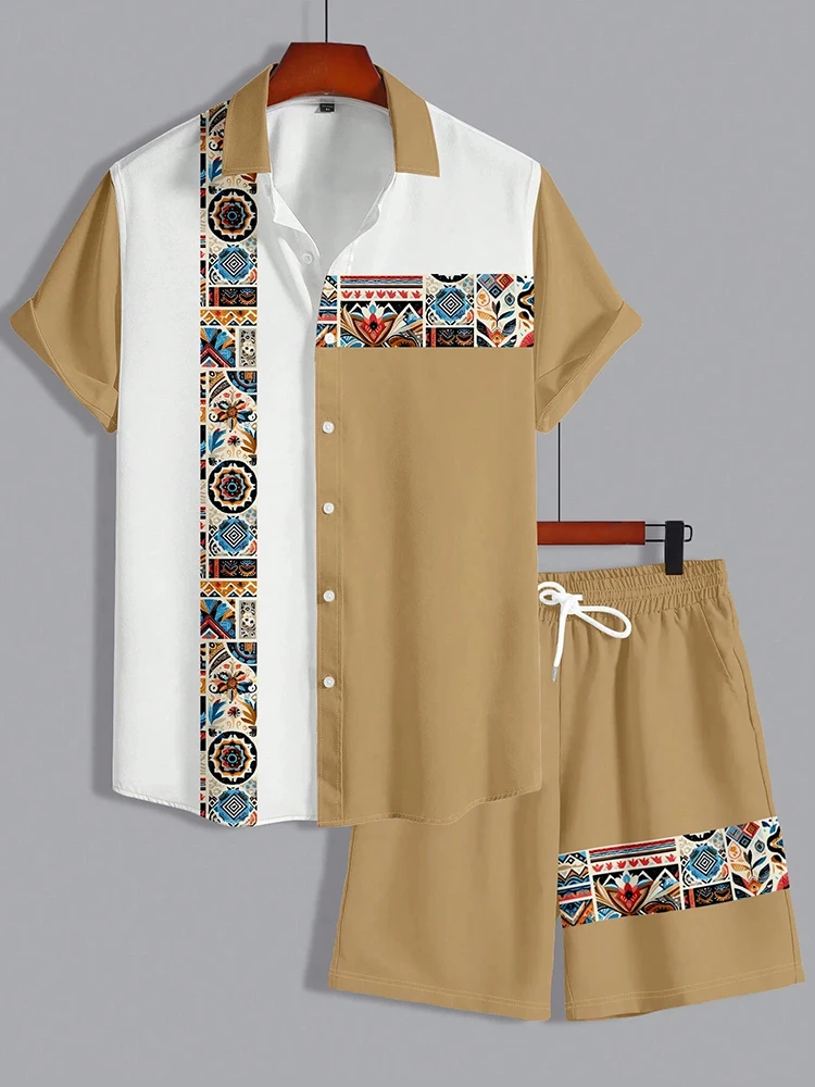 طقم قميص مخطط للرجال مطبوع ثلاثي الأبعاد من صيف باريس، قميص عصري بأكمام قصيرة، شورتات للشاطئ، ملابس الشارع، بدلة هاواي