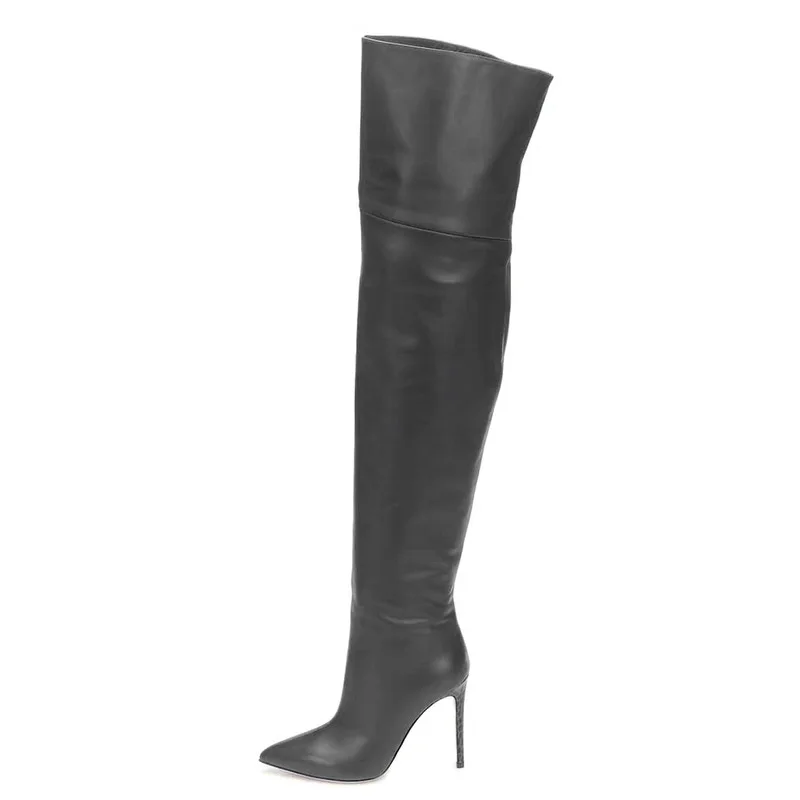 Plain Leather Black Thigh High Boots Thin Heel Crocodile Zip Over Knee High Boots Autumn Shoe Fashion Motorcycle Booties Women