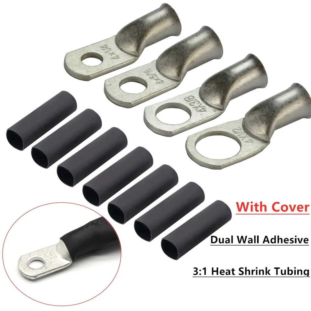 5PCS Assortment Bare Copper Ring Crimp Terminals Lugs Battery Cable Electrical Wire Splice Connector With Black Heat Shrink Tube