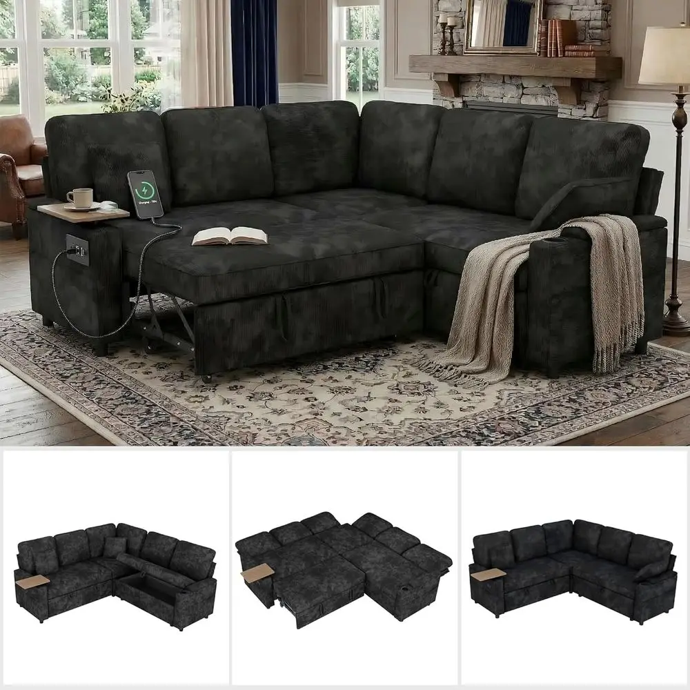 

81 U-Shaped Sectional Sofa with Pull-Out Bed, Adjustable L-Shape Couch, 360° Swivel Table, Convertible Living Room Set in Chenil