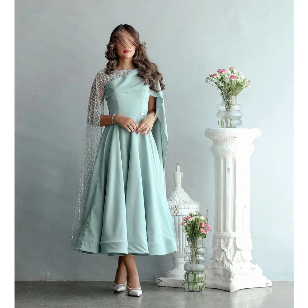 Flora Dress Ice Blue Satin A-line Cape Sleeves O-Neck Evening Gown Ankle Length Robe De Soirée Zipper Back Made Outfit Porm Gown