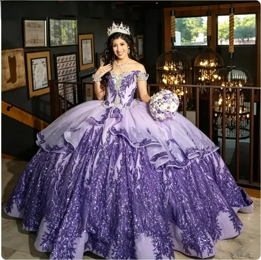 Customized temperament Luxuly Purple Fashion  Quinceanera Dresses Lace Appliques Beading Mexican Sweet Ball Gown