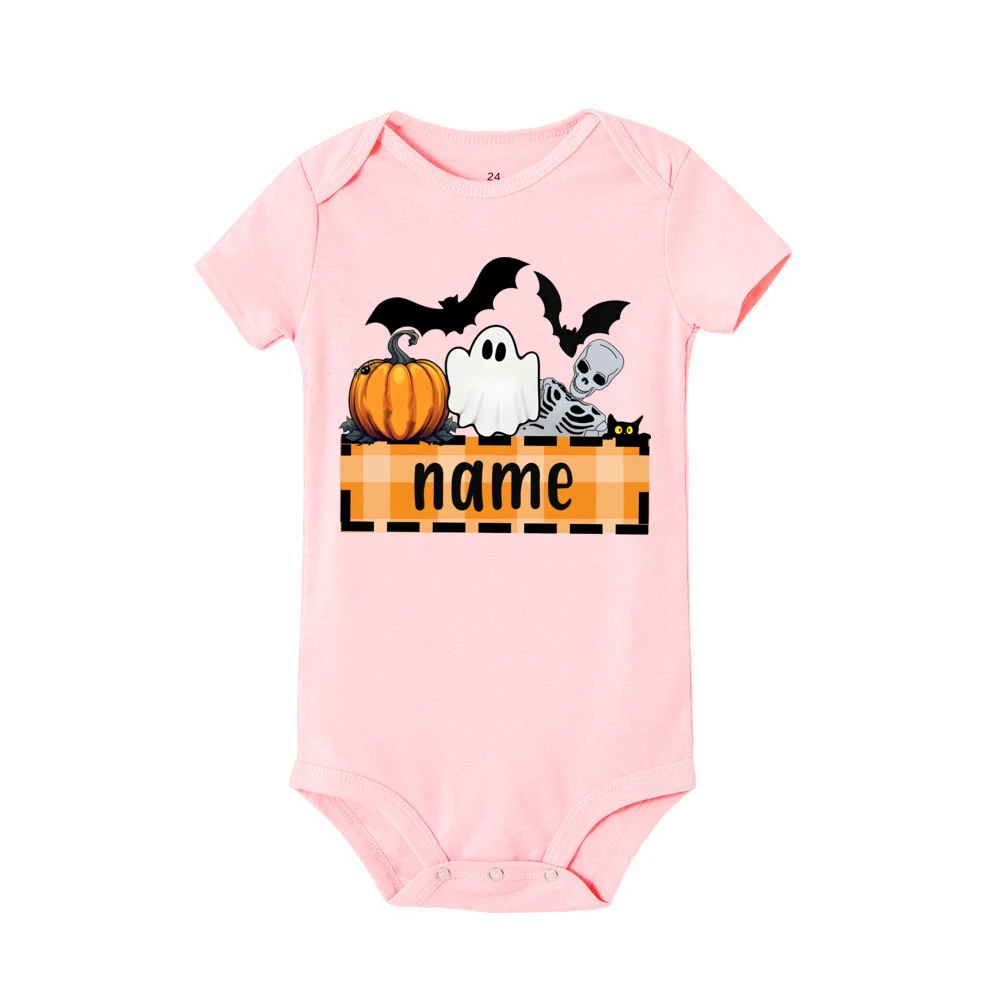 Custom Name Ghost&Pumpkin Print Baby Romper Personalize Short Sleeve Infant Bodysuit Halloween Holiday Newborn Clothes Best Gift