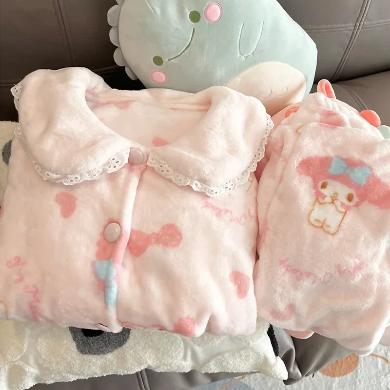 Kawaii My Melody Women Thicken Fleece Pajamas Two Picec Set Sanrio Anime Clothes Cute Fashion Soft Plush Loungewear with Pants