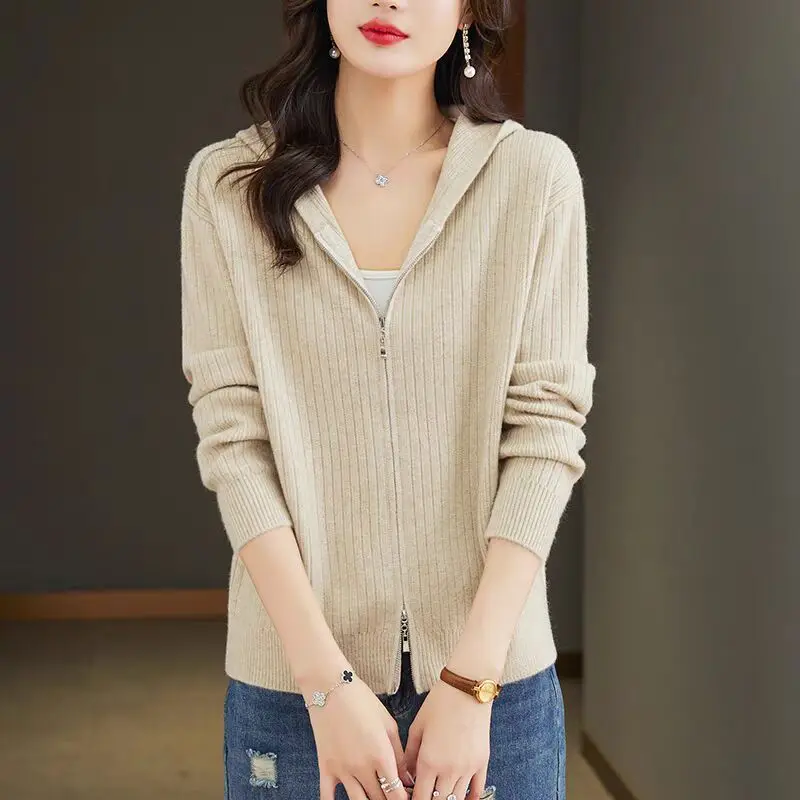 

Womens Casual Loose Fit Knitted Hat Coat No Pilling Inner Wear Base Layer Wolf Lamb Sweater Zipper Thickened Spring Cardigan