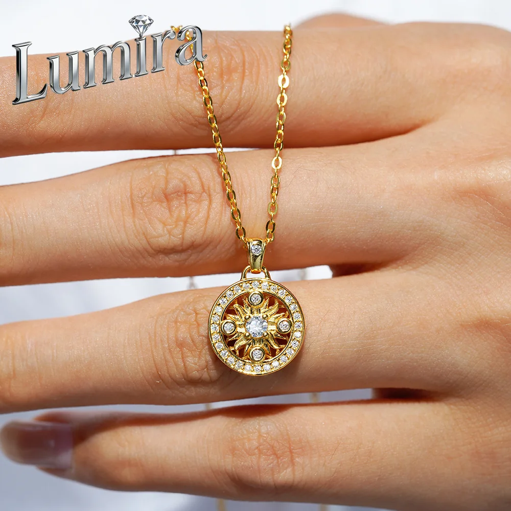 

Lumira Platinum PT950 18K Gold Traditional Eight Treasures Compass Necklace Sunflower Moissanite Pendant Collar Chain