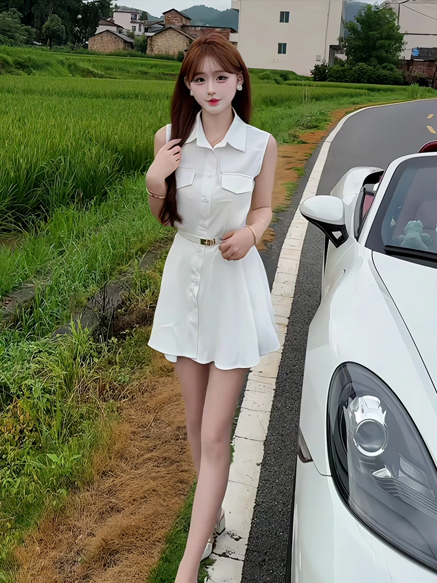 Summer New Korean Sle Pure Color Svel  Collar irt Dr Women's Design Slimming ort Skirt High Waist A-Line D...