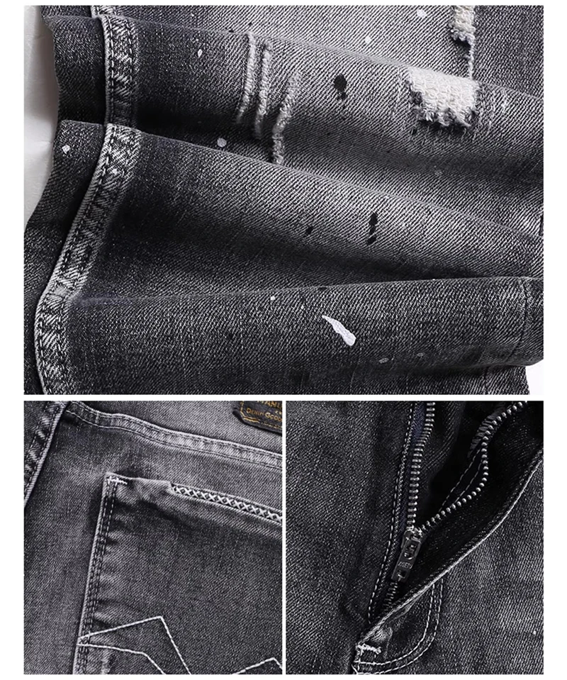 

Y2K Street Designer Fashion Men Jeans Retro Black Gray Stretch Slim Fit Patched Ripped Jeans Men Painted Vintage Denim Pants