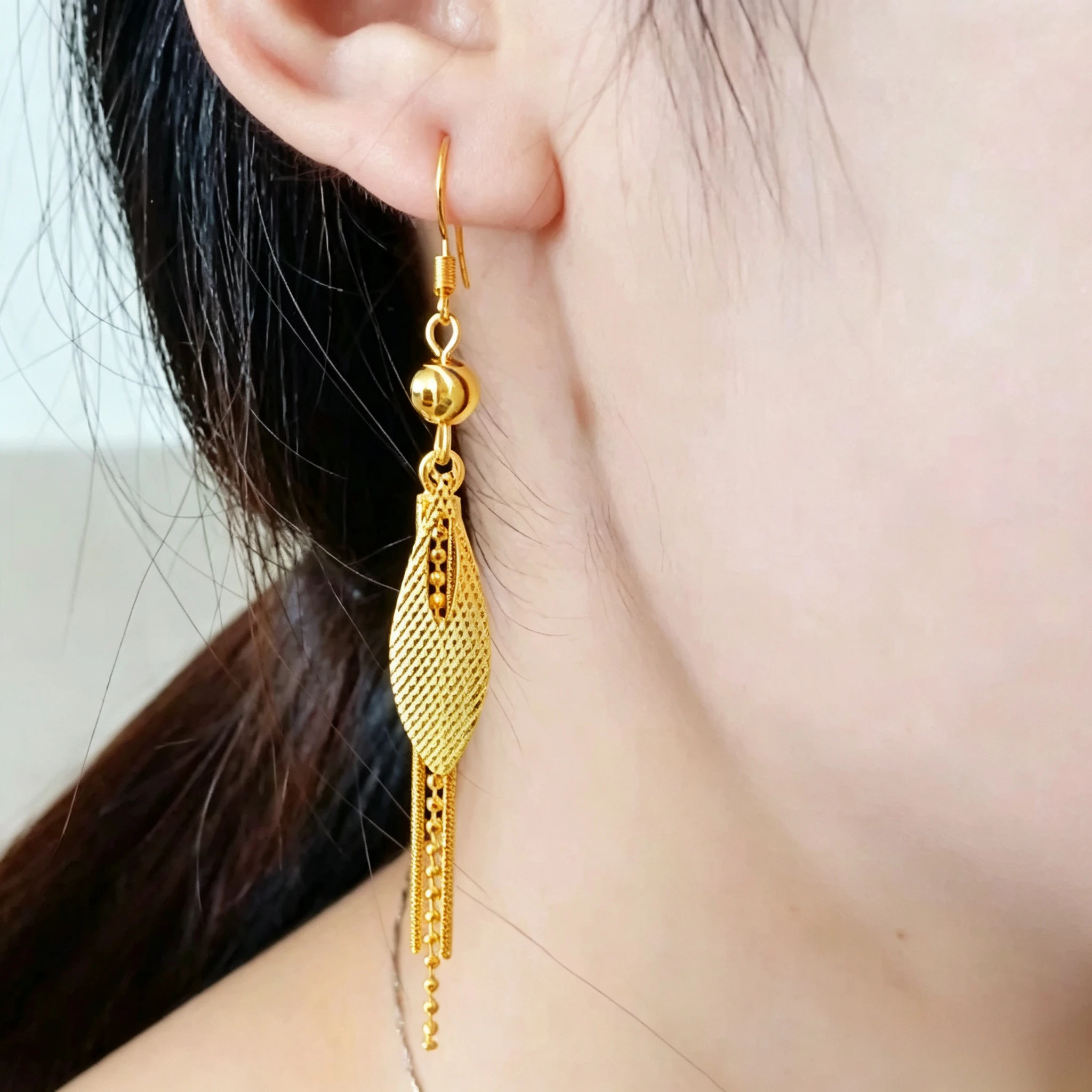 Gold Mesh Leaf Tassel Dangle Earrings Bead Decor Long Hook Earrings Vintage Fringe Drop Earrings For Women