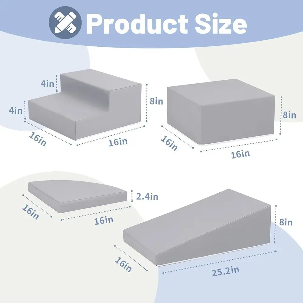 Szare piankowe klocki do wspinaczki dla maluchów - 4-częściowy miękki zestaw do zabawy wewnątrz pomieszczeń, do raczkowania i zjeżdżania