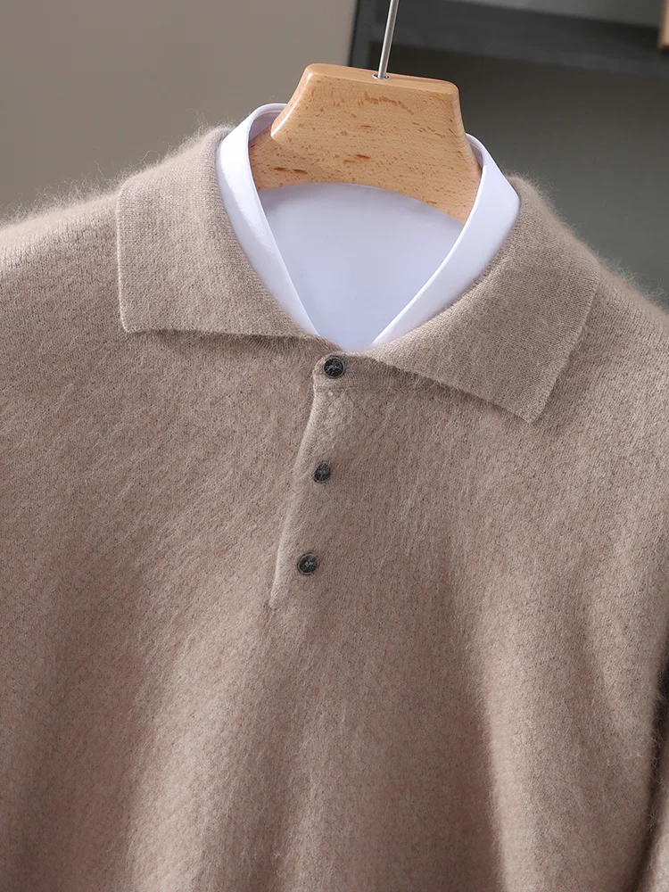 

100% Mink Cashmere Men's Polo Collar Pullover Autumn Winter Thick Casual Fashion Knitted Long Wool Cashmere Sweater
