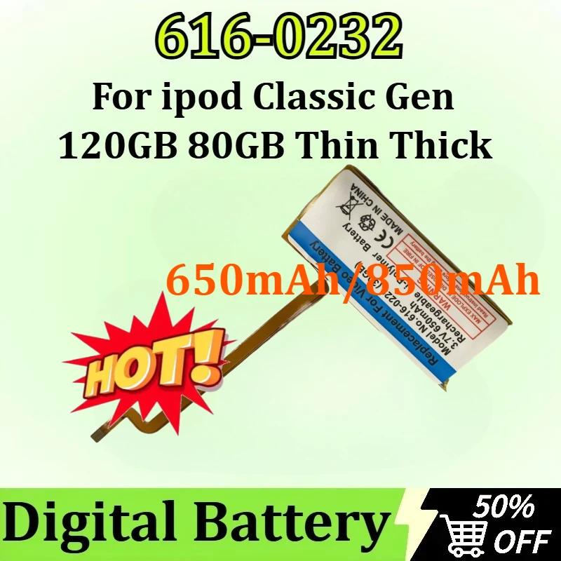 

616-0232 Battery For ipod Classic Gen 120GB 80GB Thin 160GB Thick For Ipod 5/5.5 Gen 30Gb 616-0229 Batería 580 650 650/850mAh