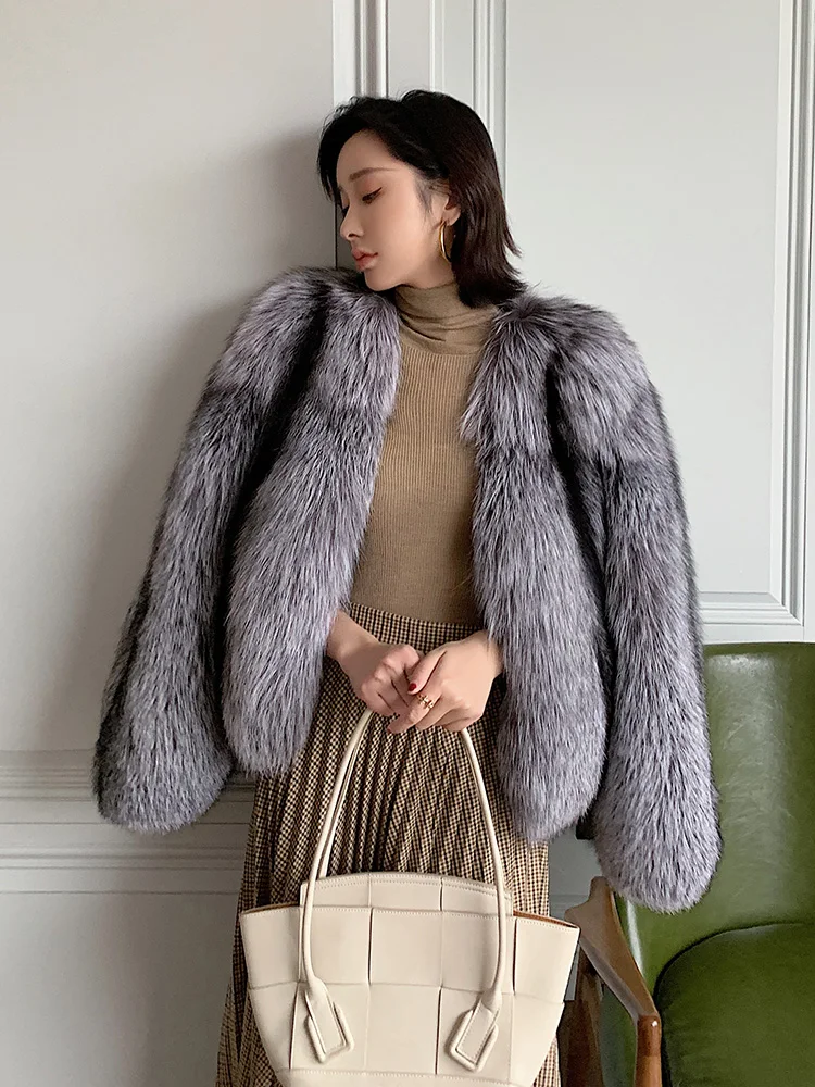 Winter Super Luxury Silver Fox Fur Full Skin Coat Bright Color Women Silver Fox Fur Outfit Jacket