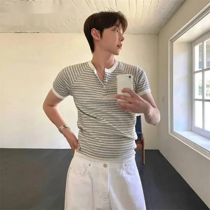 Men's Summer T-Shirt Gray White Striped Ribbed Elastic Slim Fit Casual Streetwear Short Sleeve Pullover Top 9XMX1I