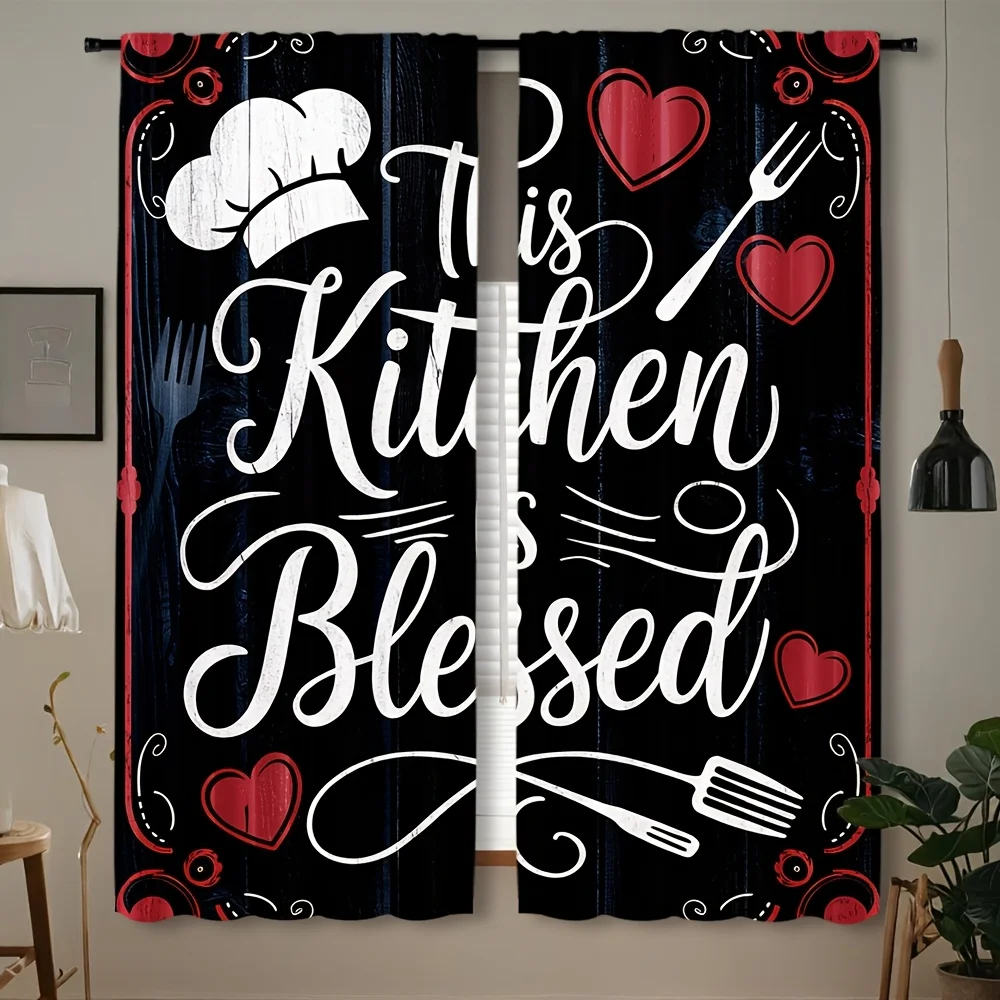 This Kitchen Is Blessed Curtain, Black Farmhouse Window Drape, Chef Hat Heart Blackout Panel, Cooking Room Home Decor