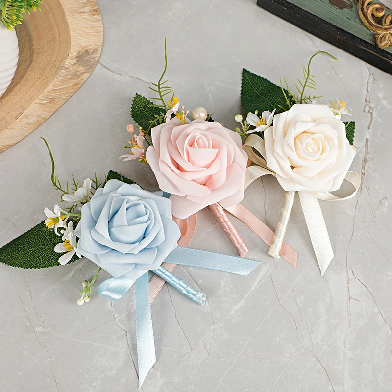 Artificial Elegant Rose Flowers Groom Corsage Brooch Boutonniere Women Man Pin Wedding Suit Decoration Prom Marriage Accessories