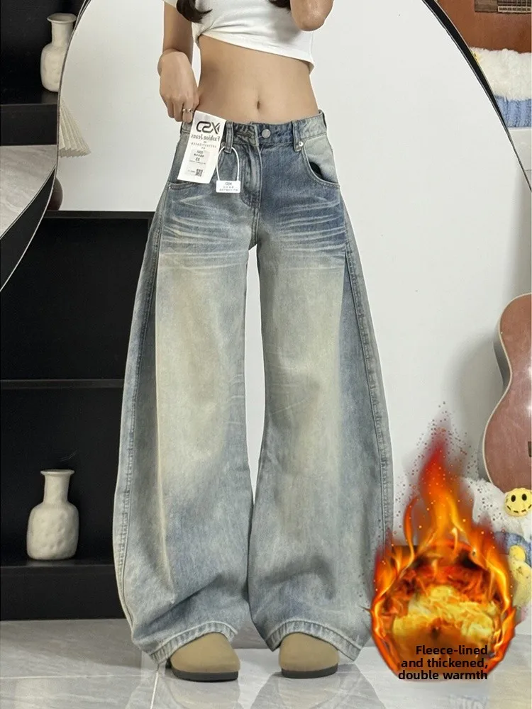 

Джинсы с высокой талией больших размеров, утепленные флисом, широкие, в американском ретро-стиле, женские, осенне-зимние, прямые, облегающие
