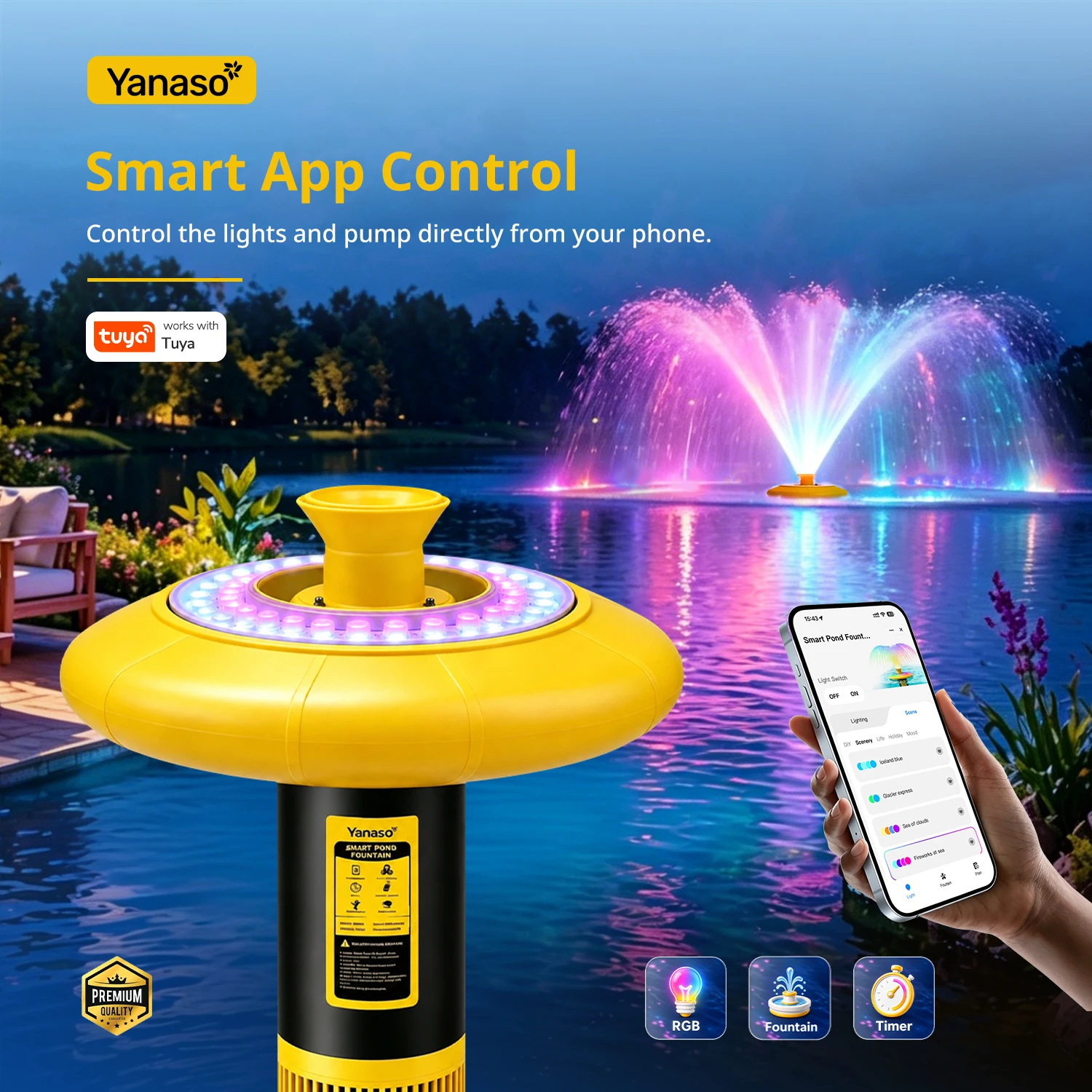 Pond Fountain Aerator with RGB Lights, 1HP 15000 GPH Floating Fountain Pump for Pond & Lake, APP & Remote Control, 110V 750W Water Circulation System, 100FT Cord, 2 Spray Patterns, Timer