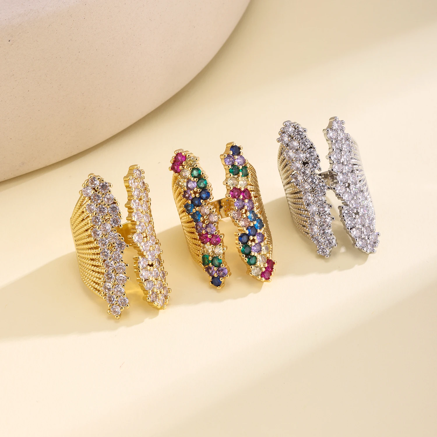 Nidin High Quality H Shape Colorful Cubic Zirconia Open Cuff Ring For Women Light Luxury Statement Finger Jewelry Party Wedding
