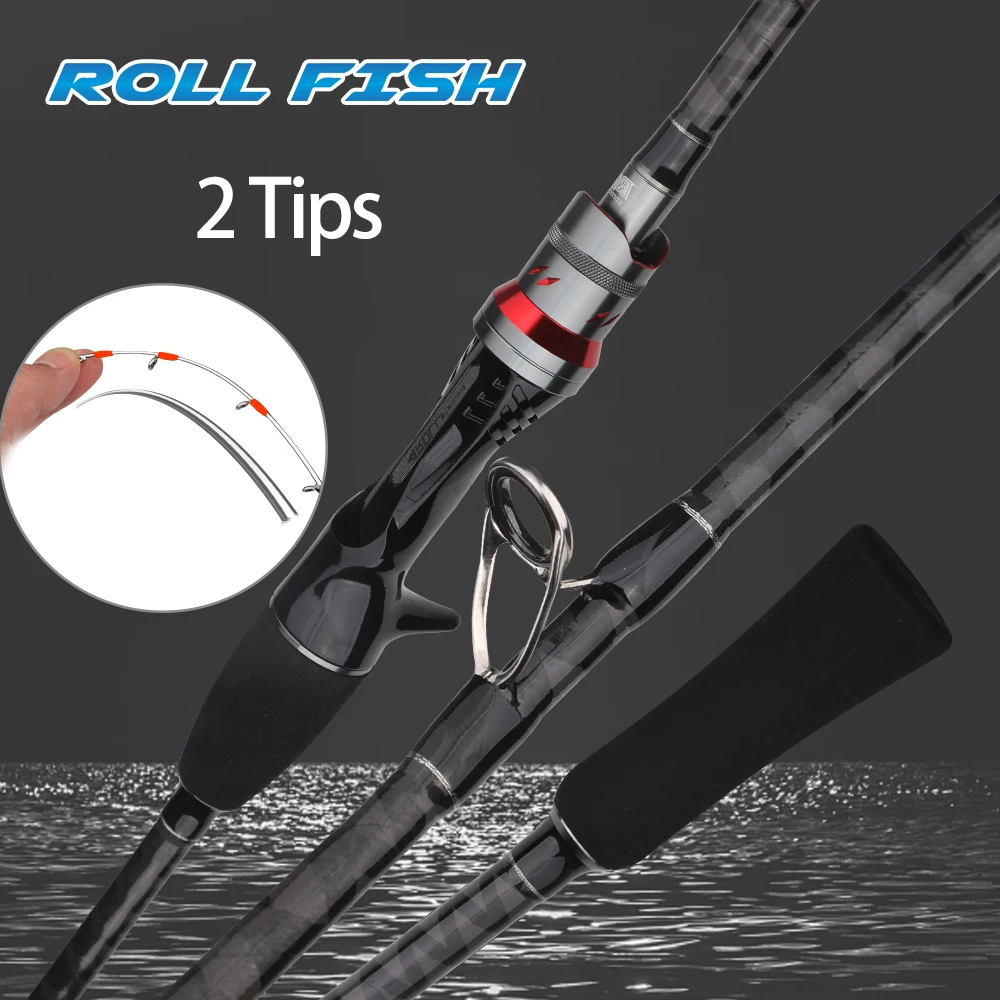 

ROLLFISH Double Titanium Tips Octopus Squid Cuttle Carbon Fiber Fishing Rod Seawater Boat Jigging Rod 1.55/1.75M Action 9:1 8:2