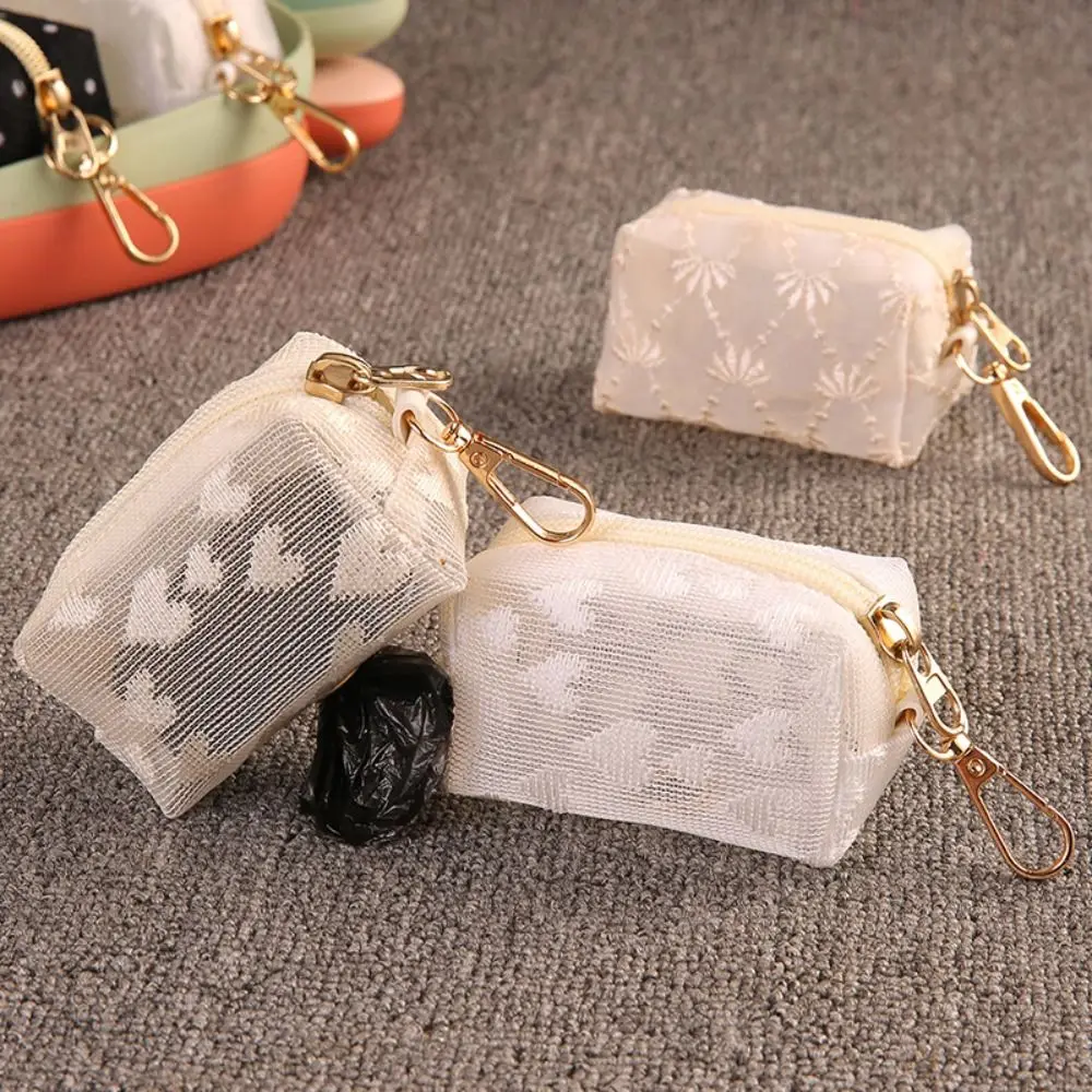 Lace Mesh Poop Bag Dispenser Keychain Clip Portable Waste Bag Pouch Carabiner Clip Zipper Closure Dog Poop Bag Pouch