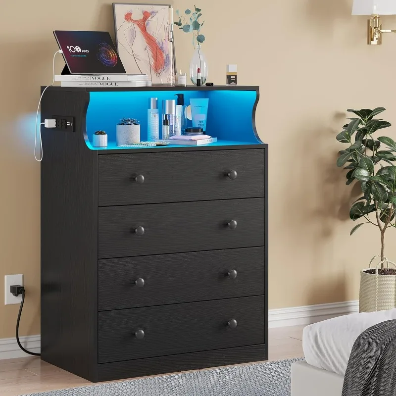 

Dresser with Charging Station, 4 Drawers LED Dresser for Bedroom, Chest of Drawers with Open Space, Large Capacity Tall Storage