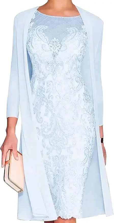 Mother of the Bride Dress Formal Wedding Jewel Neck Knee Length Chiffon Lace 3/4 Length Sleeve with Beading  2024Customized