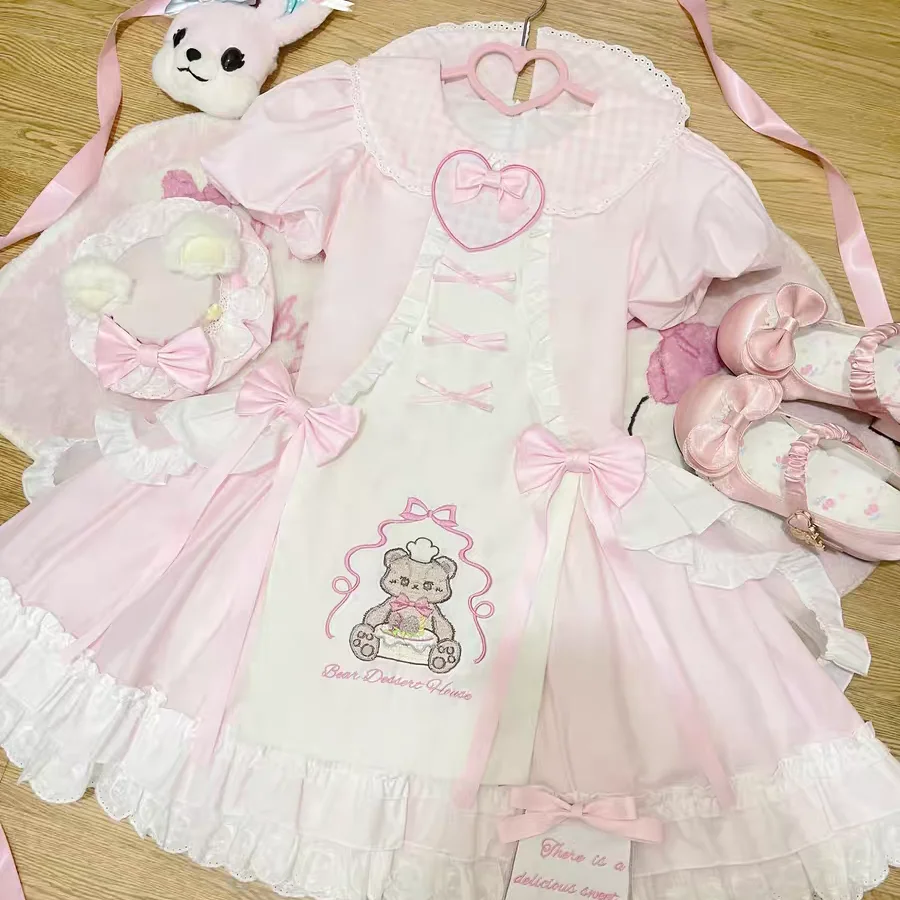 

MAGOGO Kawaii Cake Bear Embroidery Lolita OP Dress Women Cute Sweet Bow Ruffles Plaid Doll Collar Short Sleeve Princess Dresses
