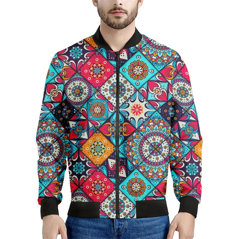 Bohemian Mandala Patchwork 3d Printed Jacket Men Spring Autumn Floral Pattern Sweatshirts Tops Long Sleeves Bomber Zipper Coats