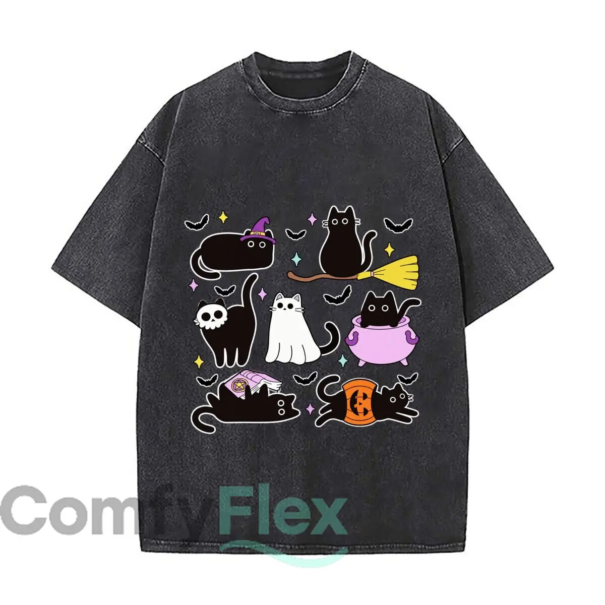 Halloween Black Cats Witch Broom Bat Pumpkin Cauldron Skull Pattern Vintage Distressed Loose Streetwear Tops