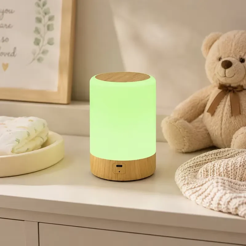 Wood Grain Night Light Touch Dimming RGB Color Bedside Lamp Rechargeable USB Bedroom Sleep Table Light