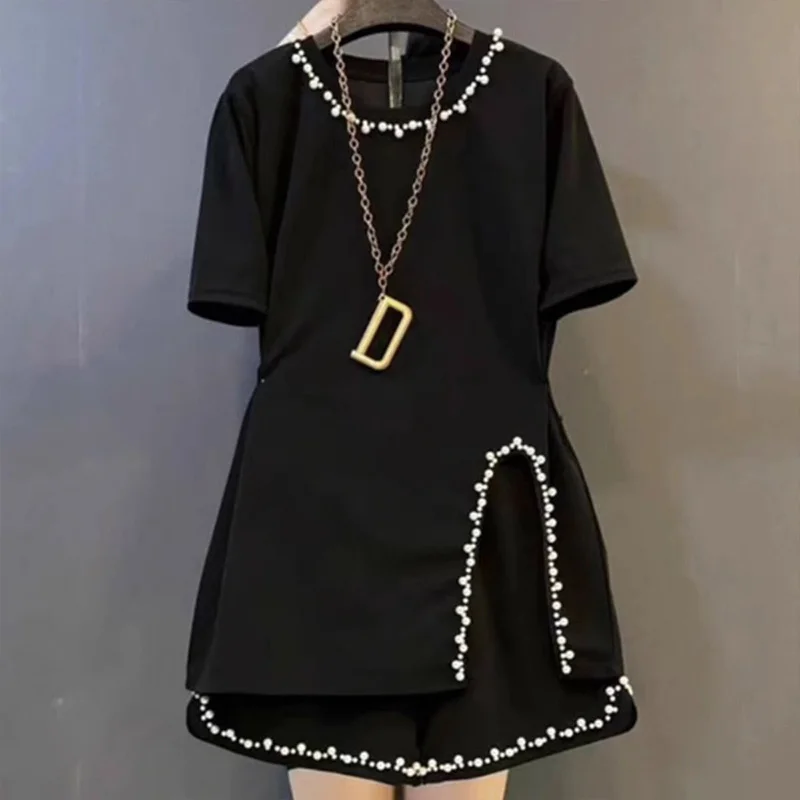 

Summer New Loose Casual O-neck Short Sleeve Tops Two-piece Set Women Fashion Embroidered Flares Solid Color Y2K Short Sets