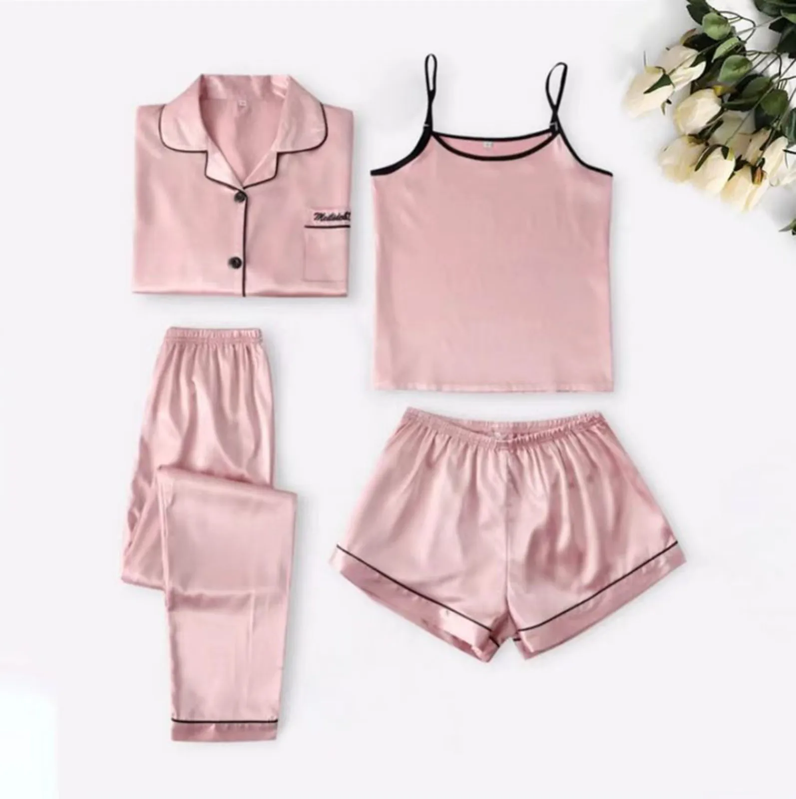 2024 Women Pajamas Sets Satin Sleepwear 4 Pieces Solid Color Nightwear Pyjama Strap Lace Sleep Lounge Pajama For All Seasons