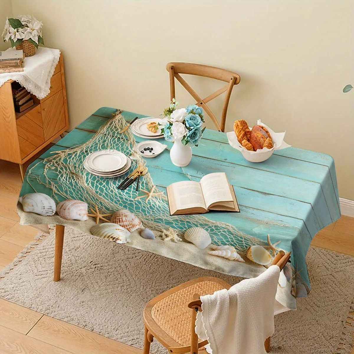 One beach-themed tablecloth - turquoise woodboard design with shell patterns, machine washable nylonxzj
