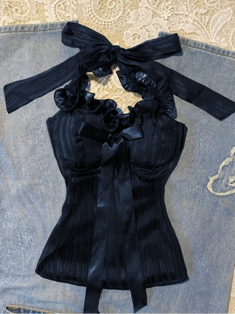 ภาษาฝรั่งเศสคํา Pure Desire เซ็กซี่ LACE-up เสื้อกั๊กผู้หญิงโบว์สลิง Millennium Sweet Spice สาว Y2k เสื้อใหม่ Retro Hot Chick ความงามเสื้อผ้า