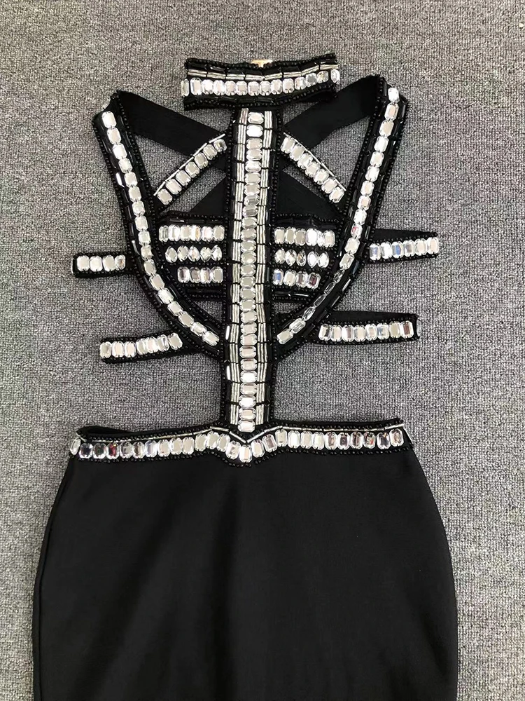 Sexy Sleeveless Diamond Hollow Out Backless Bandage Dress Women Black Rhinestones Cutout Mermaid Bodycon Dresses Party Evening