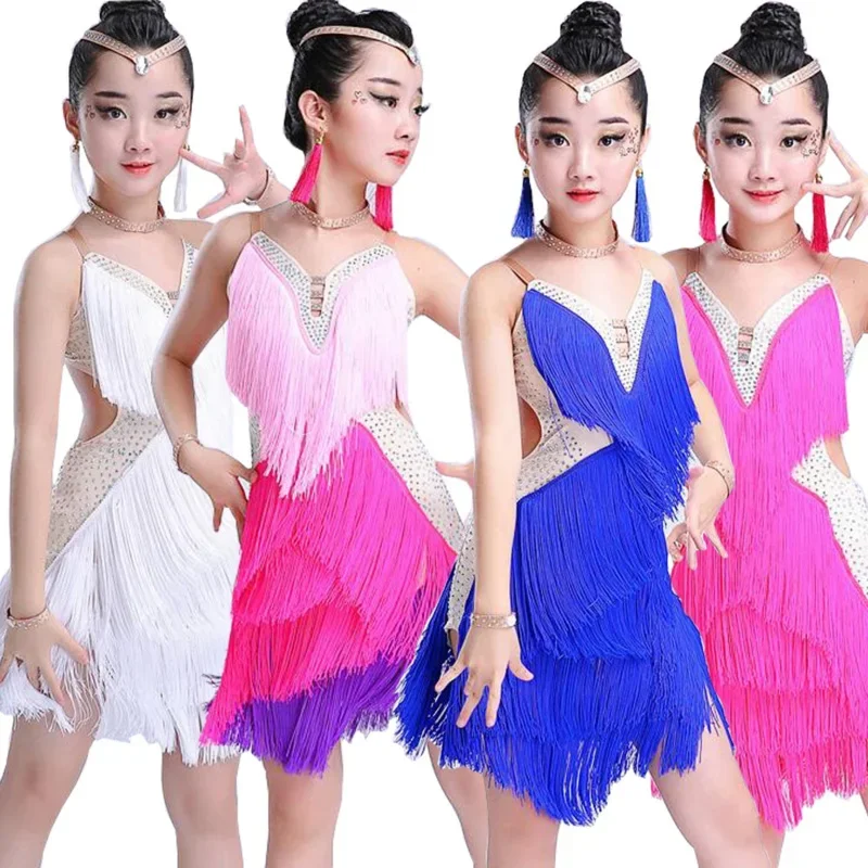 Pailletten Mädchen Kinder Junior Club Latin Dance Kleider Kinder Quasten Moderne Ballsaal Latino Für Tanzen Outfits Fransen MN4