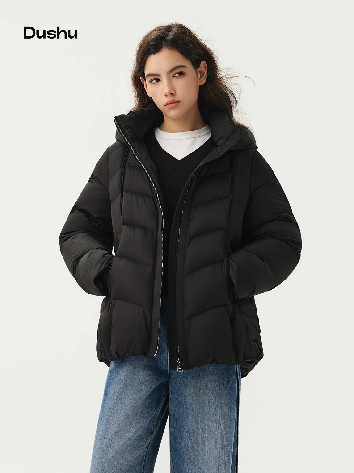 DUSHU Plus Size Women Hooded Down Jacket 2026 Winter New Loose Thick Warm Outerwear for Curvy Ladies Filled with White Duck Down