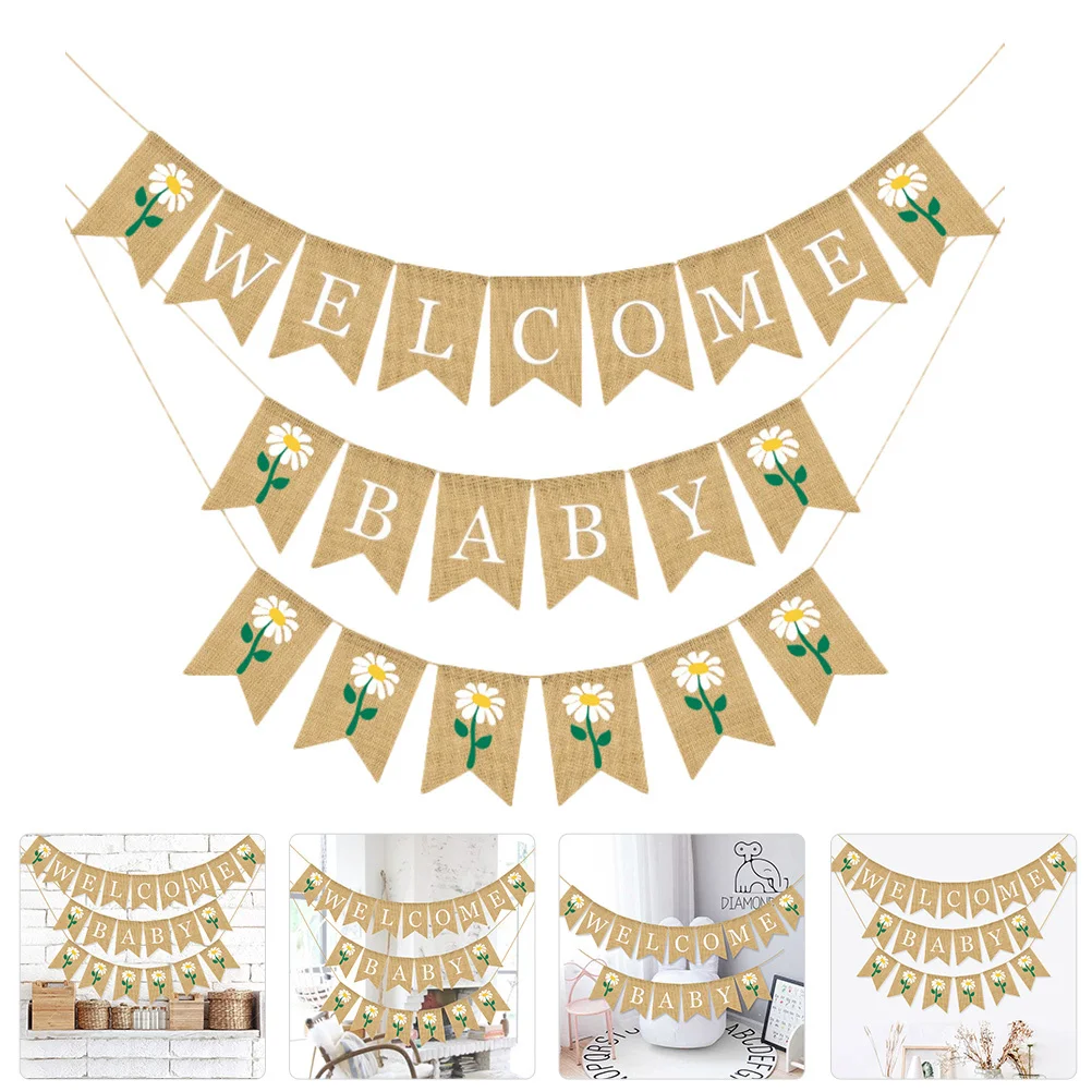 

2pcs Linen Pull Flag Swallow Tail Banner For Baby Shower Party Decoration 1St Birthday Banderole Creative Wall Hanging Trendy