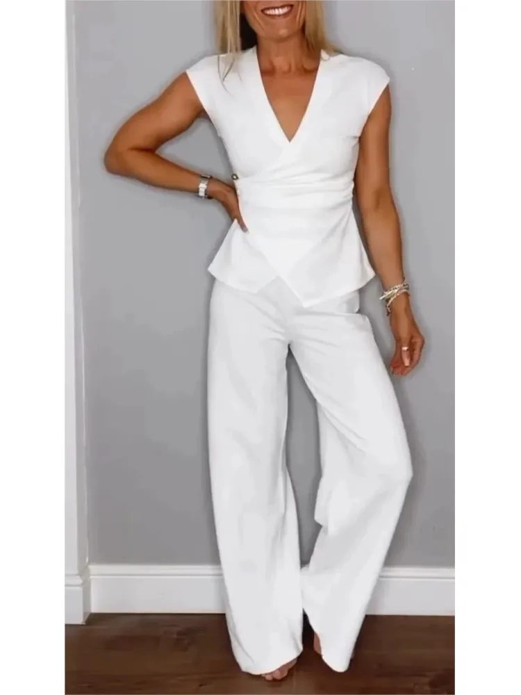 Casual mouwloze V-hals halslijn geplooide knop mouwloze top 2-delige set elegante dames kantoor wijde pijpen lange broek tweedelige set