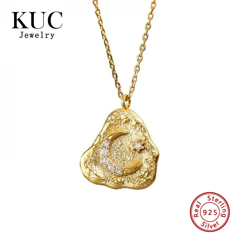 

Fine Jewelry 18K Gold Plated Cubic Zircon Vintage Moon Star Necklaces Irregular Pendant S925 Silver for Girls Women