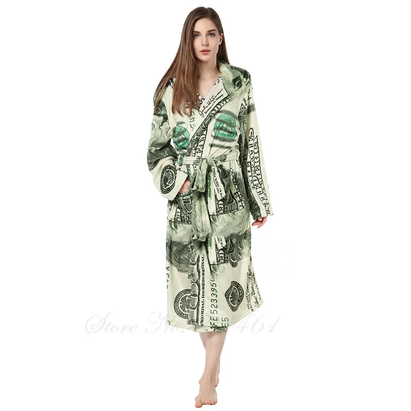 Funny Flannel Women Robe Sleepwear Autumn Winter Hooded Kimono Bathrobe Nightgown Loose Coral Fleece Print Sleepwear Home Wear