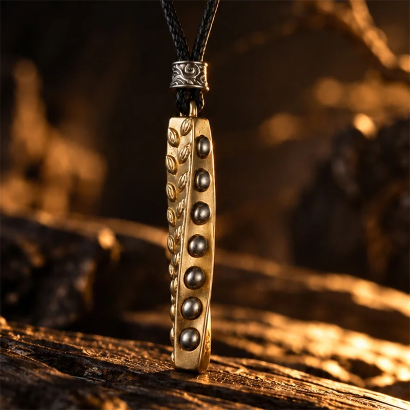 Ethnic Style Rice Grain Wheat Design Necklace Men Jewelry Vintage Relief Golden Beans Long Strip Pendant Male Choker Accessory