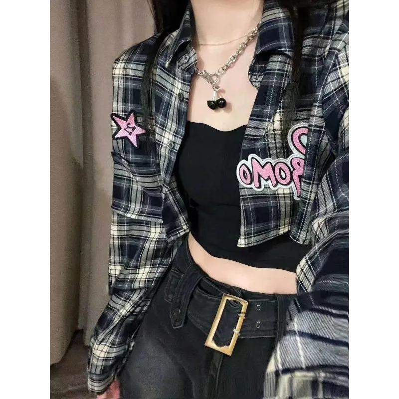 QWEEK Harajuku Plaid Cropped Shirt Women Korean Style KPOP Vintage Short Blouse Loose Youthful Streetwear Long Sleeve Clothing